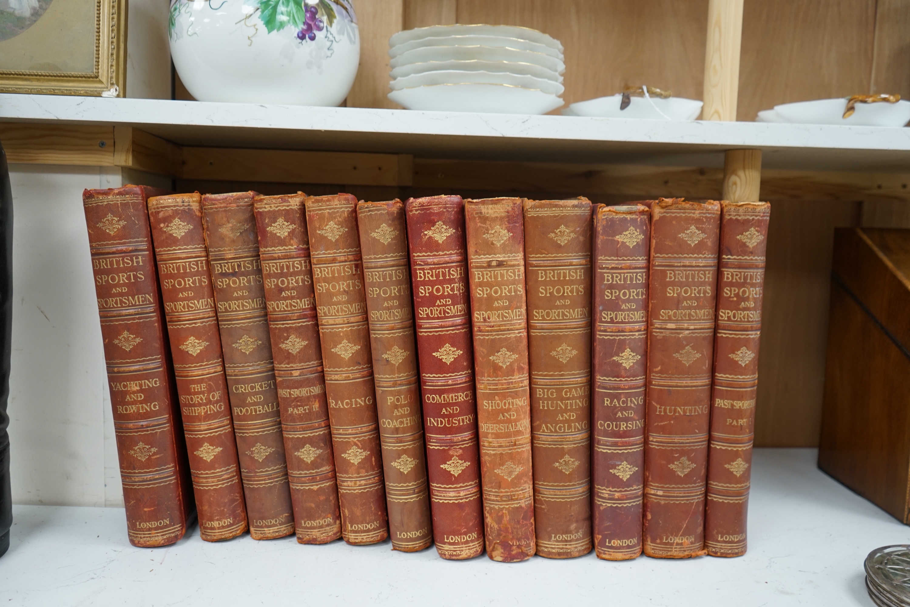 British Sports and Sportsmen. 12 vols., including Shooting and Deerstalking; Polo and Coaching; Yachting and Rowing; Racing. with photogravure portaits and other num. illus. for each vol.; publisher's gilt red morocco, g